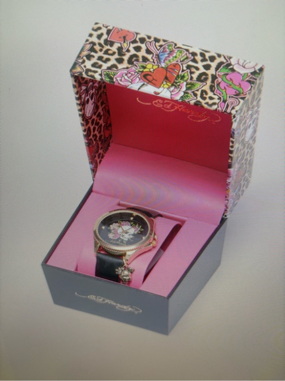 Ed Hardy Black Strap Watch with Floral Dial and Pink Details
